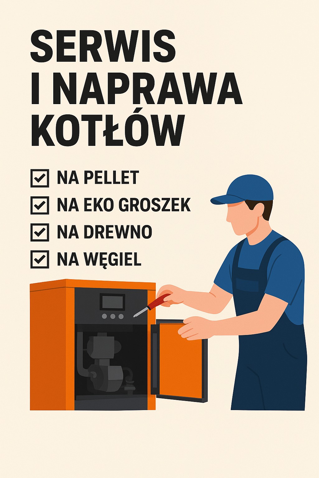 Ilustracja: Serwis kotłów na pellet, ekogroszek, drewno i węgiel. Mężczyzna w niebieskim kombinezonie serwisuje pomarańczowy piec. Grafika w stonowanych kolorach.