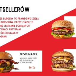 MAKX Projektowanie Graficzne - Menu bestsellerów burgerów z opisem składników i ceną. Cheese burger, becon burger i supreme burger na czerwono-białym tle z tekstem reklamowym.