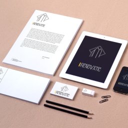MAKX Projektowanie Graficzne - Komplet materiałów firmowych 'Renovatic' z logo na wizytówce, papierze firmowym, tablecie i smartfonie. Dwa ołówki i spinacze biurowe na beżowym tle.