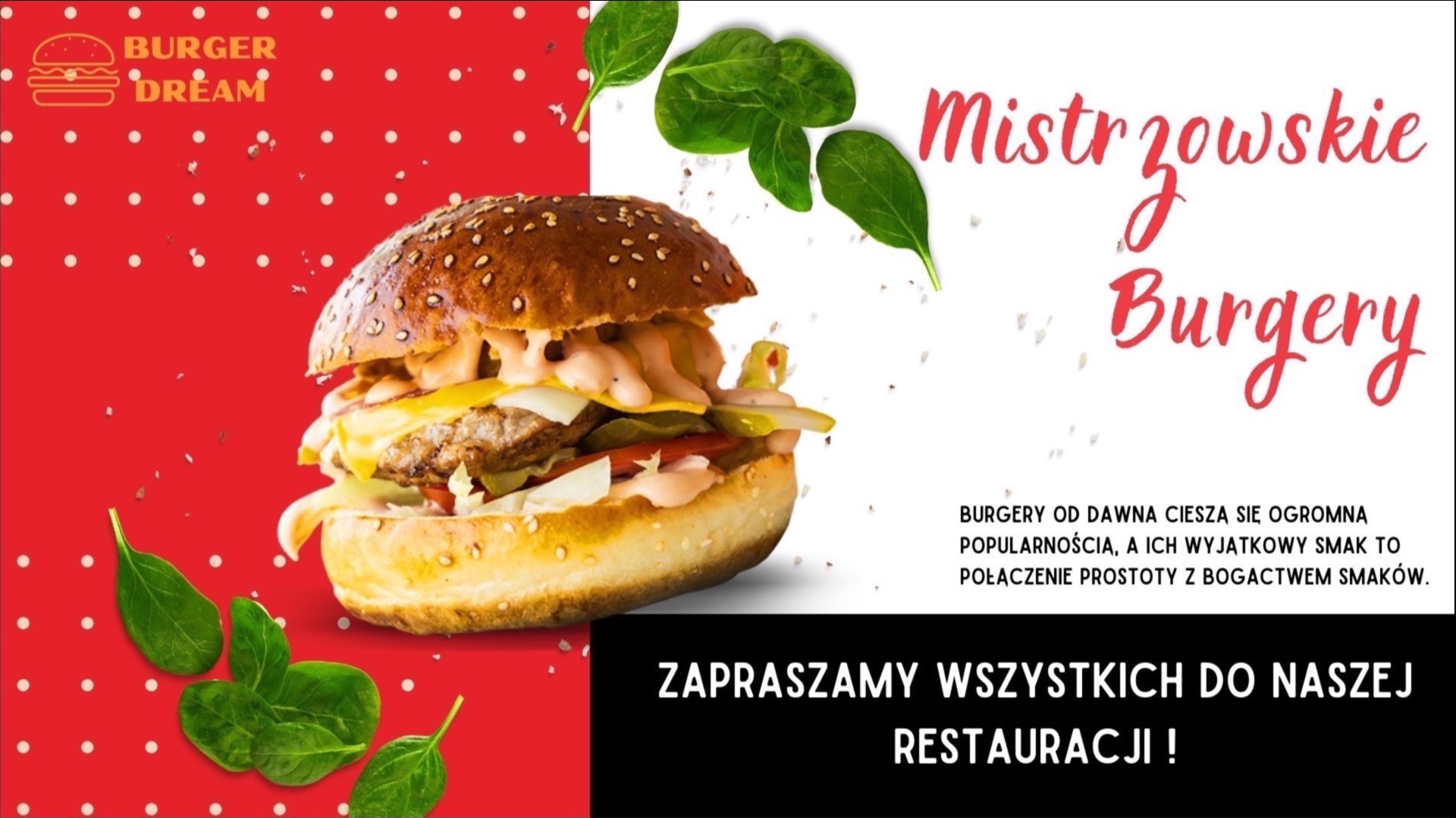 Apetyczny burger z serem i warzywami na tle z logo i tekstem promocyjnym, uzupełniony o liście szpinaku. Kolorystyka czerwono-biało-czarna.