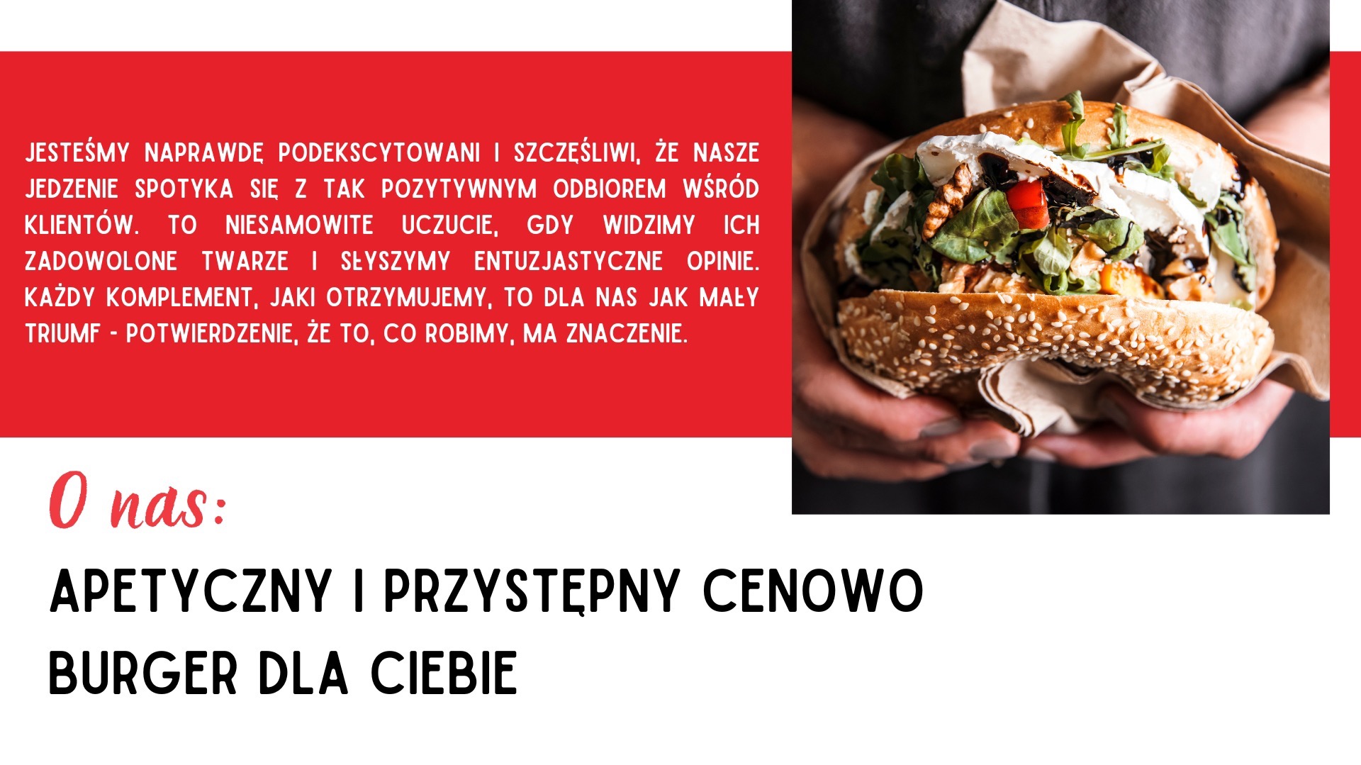 Apetyczny burger z sezamową bułką, świeżymi warzywami i serem, trzymany w dłoniach na tle czerwonego paska z tekstem o pozytywnym odbiorze jedzenia.