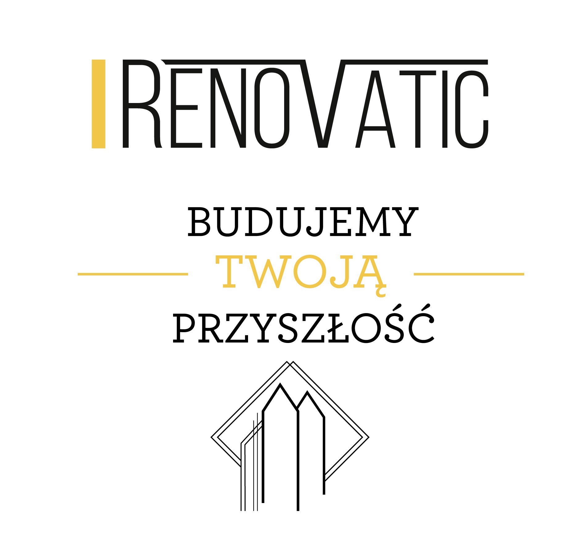 Logo firmy 'Renovatic' z Tarnowa, z hasłem 'Budujemy Twoją Przyszłość' i graficznym symbolem domu w nowoczesnym stylu.