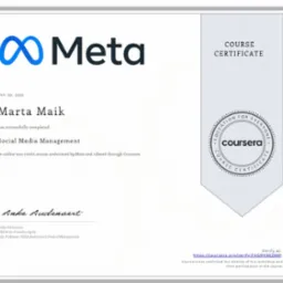 Certyfikat ukończenia kursu Social Media Management przez Martę Maik, wystawiony przez Meta i Coursera, z datą 20 listopada 2023. Sygnatura Anke Audenaert.