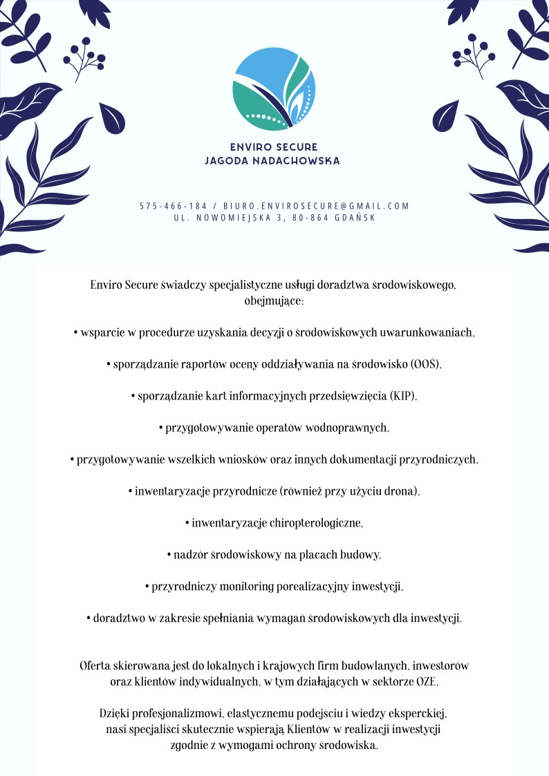 Oferta Enviro Secure: doradztwo środowiskowe, wsparcie w procedurach, raporty OOŚ, inwentaryzacje przyrodnicze, nadzór środowiskowy na budowach, monitoring inwestycji.