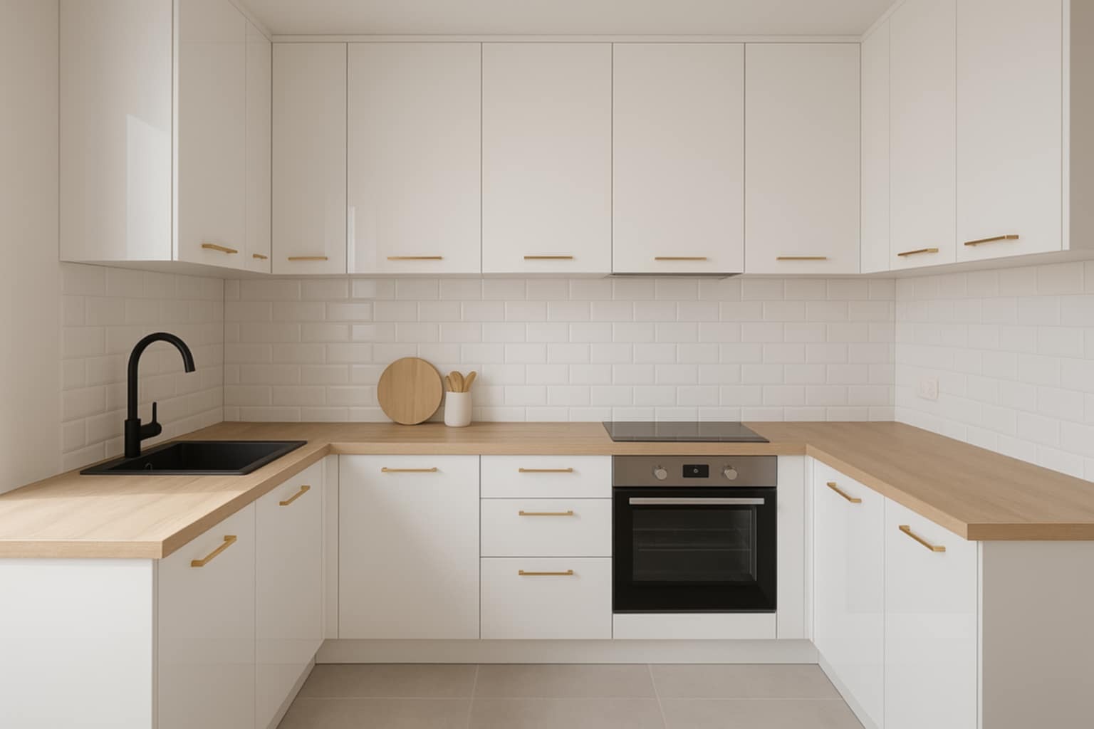 Biała, nowoczesna kuchnia w kształcie litery U z drewnianym blatem i czarną armaturą. Fronty szafek lakierowane na wysoki połysk, płytki typu metro na ścianie.