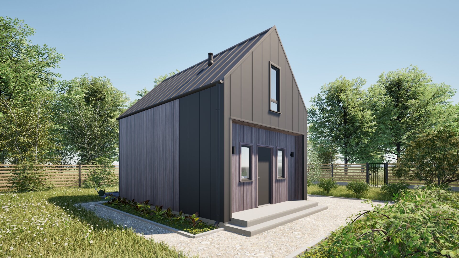 Nowoczesny dom szkieletowy z ciemną elewacją i dwuspadowym dachem, otoczony zielenią. Widoczna boczna ściana z oknami i wejściem, oraz fragment ogrodu z niskim płotem.