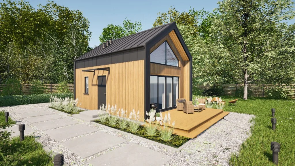 Wizualizacja domu szkieletowego z drewnianą elewacją, czarnym dachem i dużymi oknami. Widoczny taras z meblami ogrodowymi i ścieżka z płyt betonowych.
