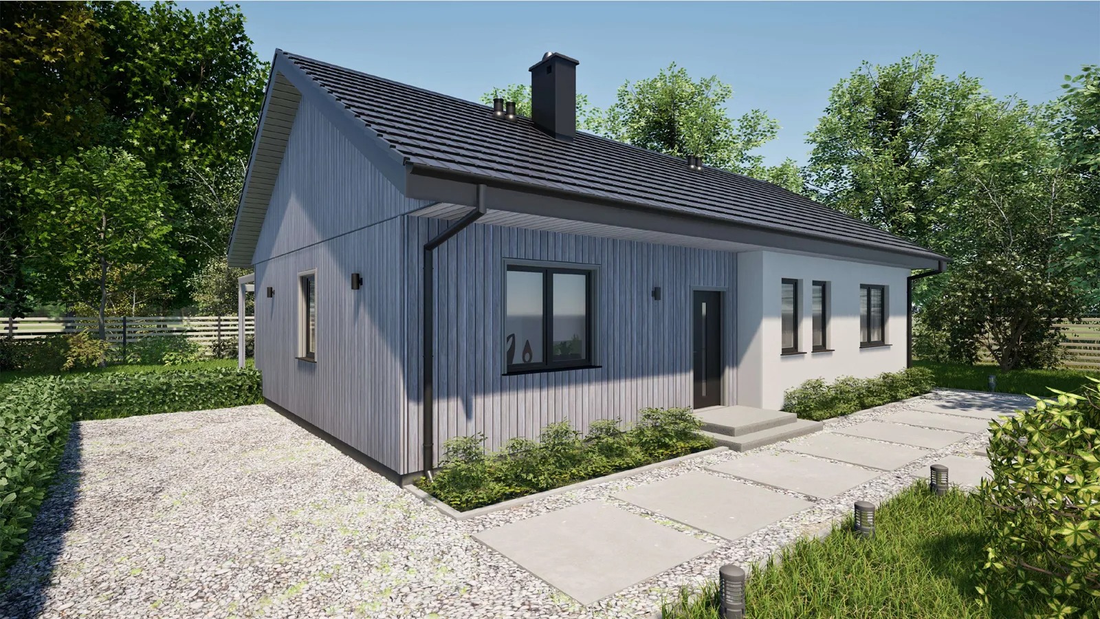 Wizualizacja domu szkieletowego z szarą, pionową elewacją i czarnym dachem. Ścieżka z betonowych płyt prowadzi do wejścia. Tło stanowią drzewa i krzewy.