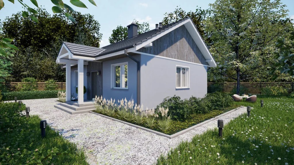 Wizualizacja parterowego domu z szarą elewacją i grafitowym dachem. Uwagę zwraca jasna, żwirowa ścieżka prowadząca do wejścia i bujna roślinność w ogrodzie.