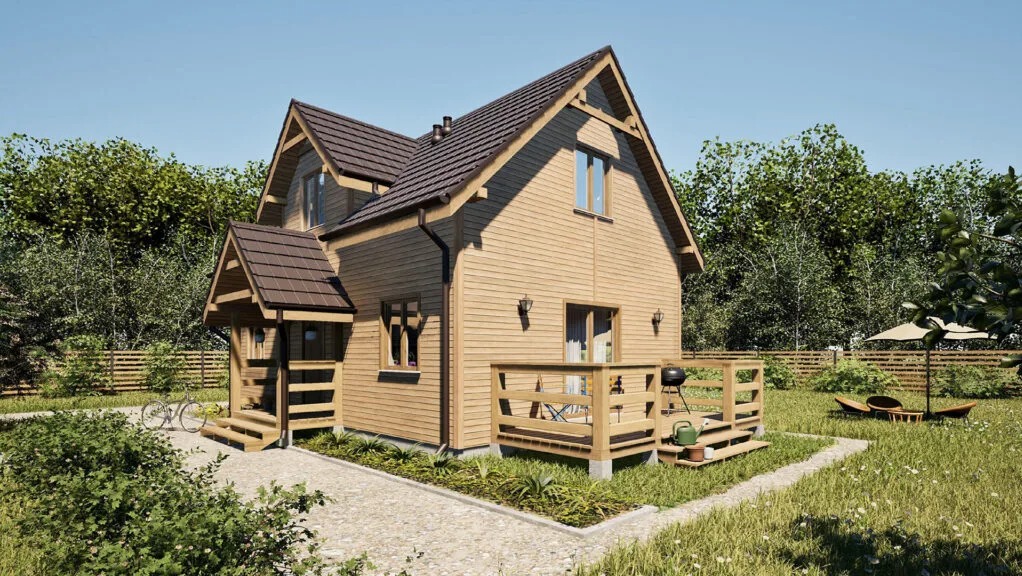 Jasny, parterowy dom szkieletowy z brązowym dachem, tarasem i gankiem. W tle zieleń drzew i trawnik z leżakami. Ujęcie w słoneczny dzień.