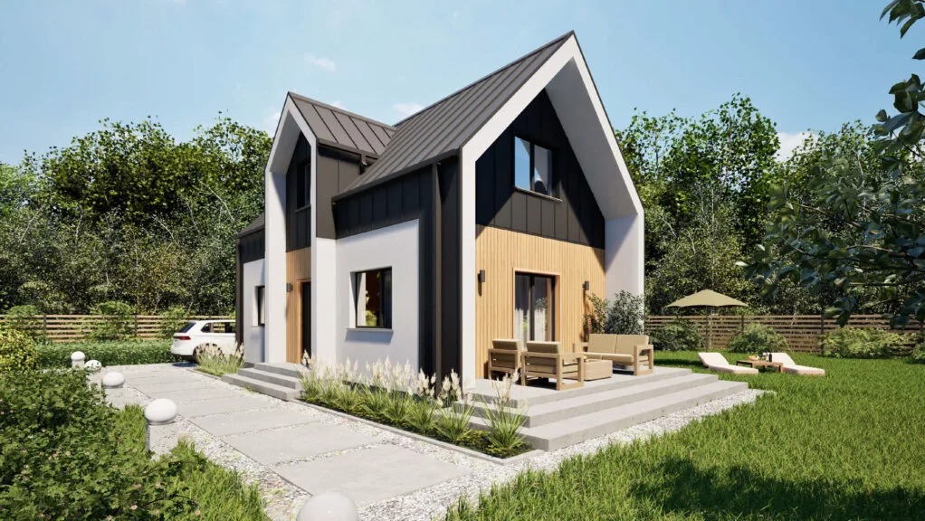 Nowoczesny dom szkieletowy z elementami drewna i dużymi oknami w Czosnowie. Uwagę przykuwa nietypowy kształt dachu i starannie zagospodarowany teren wokół budynku.