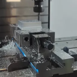 Obróbka CNC: Frezarka obrabia metalowy element w uchwycie, wióry na stole, oświetlenie halogenowe, precyzyjna obróbka skrawaniem.