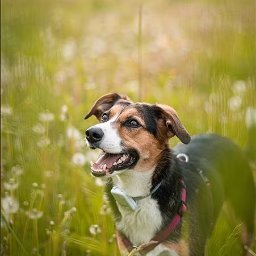 JZ Creative Studio - Portret psa rasy mieszanej w wysokiej trawie, z otwartym pyskiem i obrożą. Ujęcie z dołu, z rozmytym tłem łąki i logo w lewym górnym rogu.