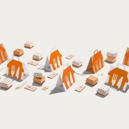 Rozłożony zestaw opakowań do dań na wynos z pomarańczowym logo sztućców: torby papierowe, pudełka kwadratowe i prostokątne, pałeczki. Minimalistyczne ujęcie na białym tle.