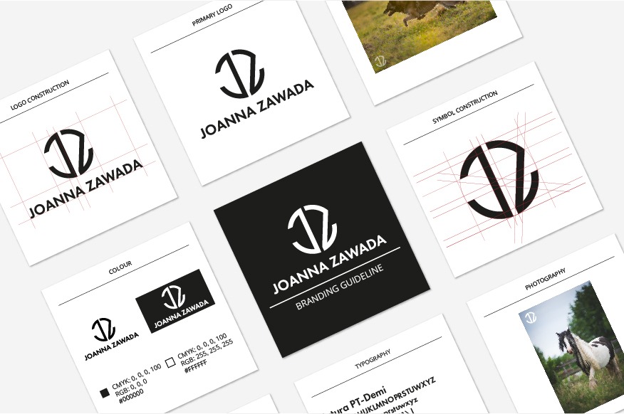 Układ kart z logo i wytycznymi marki Joanna Zawada: konstrukcja, kolorystyka, typografia, fotografia. Centralnie karta z logo na czarnym tle.