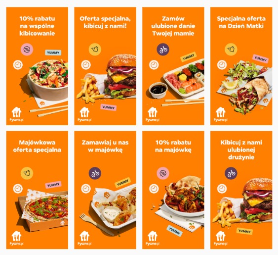 Zestaw ośmiu pionowych banerów reklamowych Pyszne.pl z ofertami specjalnymi na jedzenie, każda z innym daniem i hasłem promocyjnym na pomarańczowym tle.