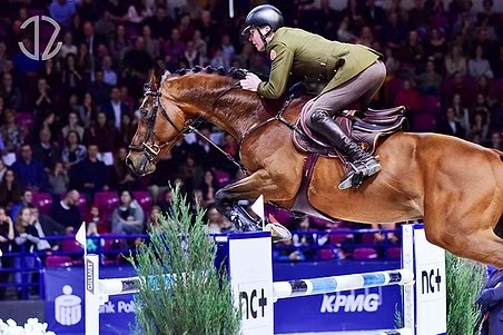 Jeździec w zielonym mundurze na brązowym koniu skacze przez przeszkodę na zawodach jeździeckich. Tłum widzów w tle. Logo sponsorów na przeszkodzie.