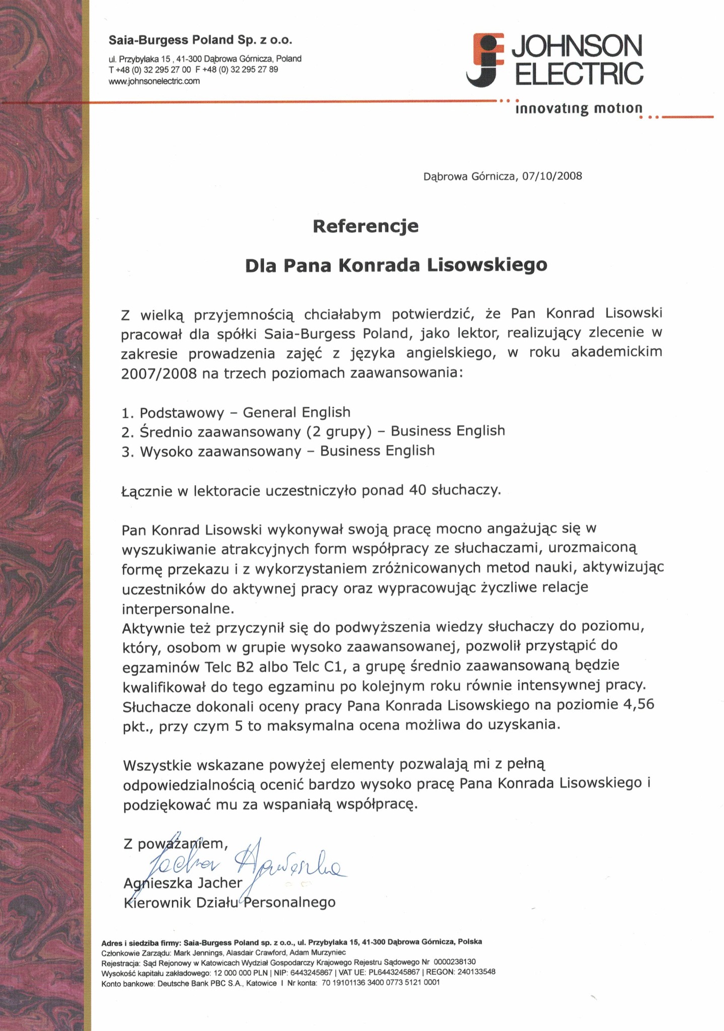 Referencje dla lektora języka angielskiego, Konrada Lisowskiego, od Saia-Burgess Poland, z datą 07/10/2008, potwierdzające jego pracę i zaangażowanie.