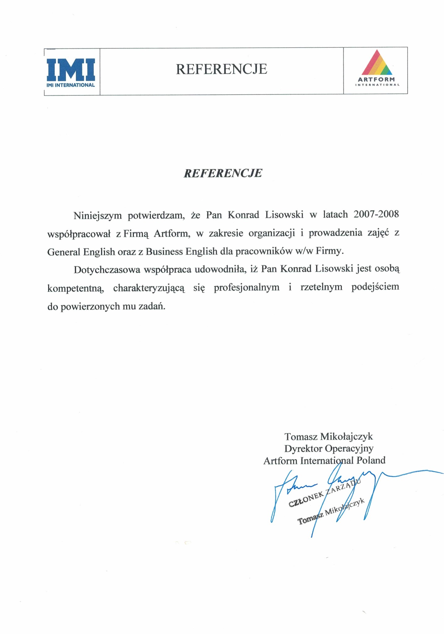 Skan referencji dla lektora języka angielskiego, potwierdzający współpracę z firmą Artform w zakresie szkoleń językowych dla pracowników. Sygnatura dyrektora operacyjnego.