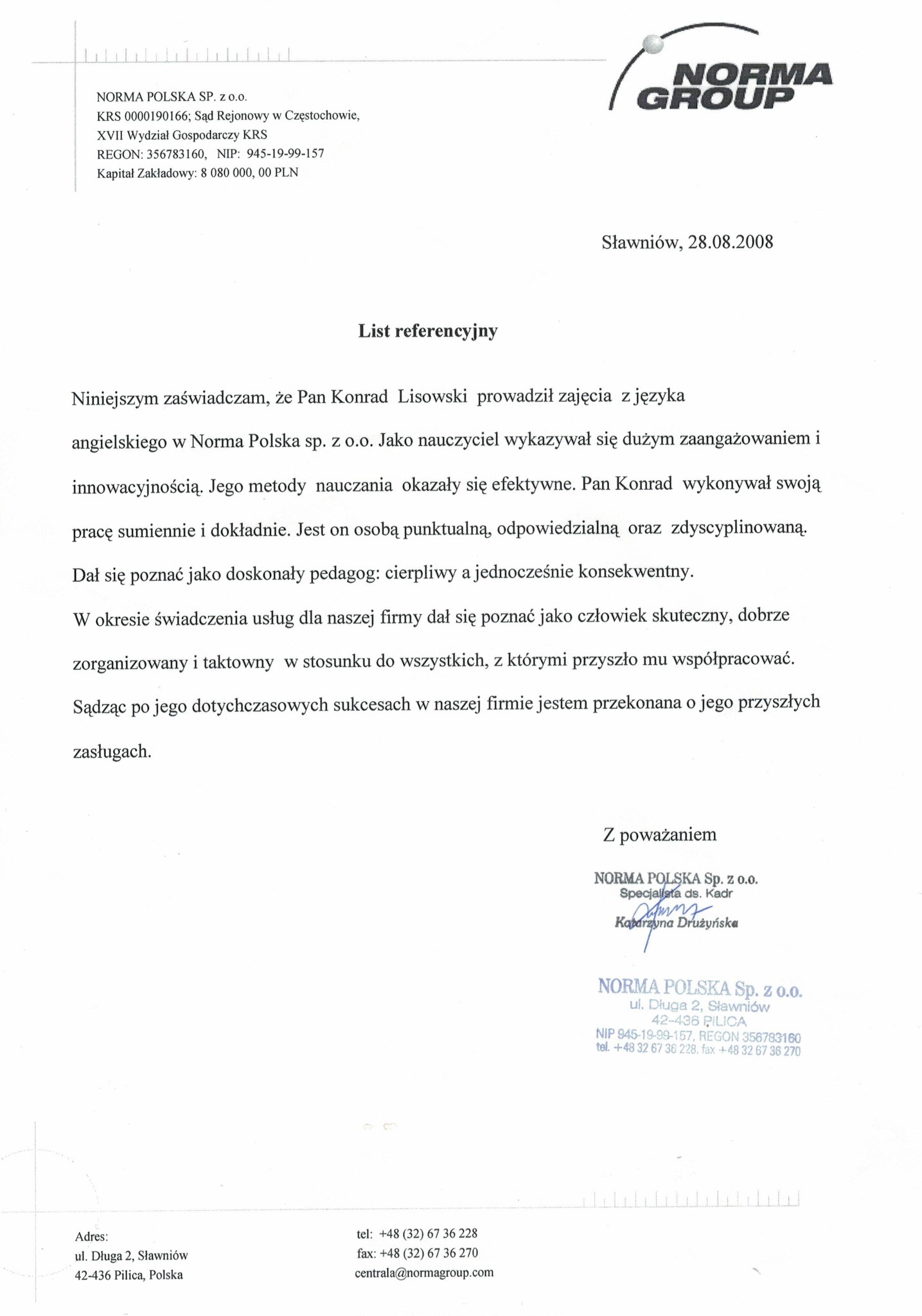 List referencyjny dla nauczyciela angielskiego, Pana Konrada Lisowskiego, wystawiony przez Norma Polska Sp. z o.o. w Sławniowie, datowany na 28.08.2008.