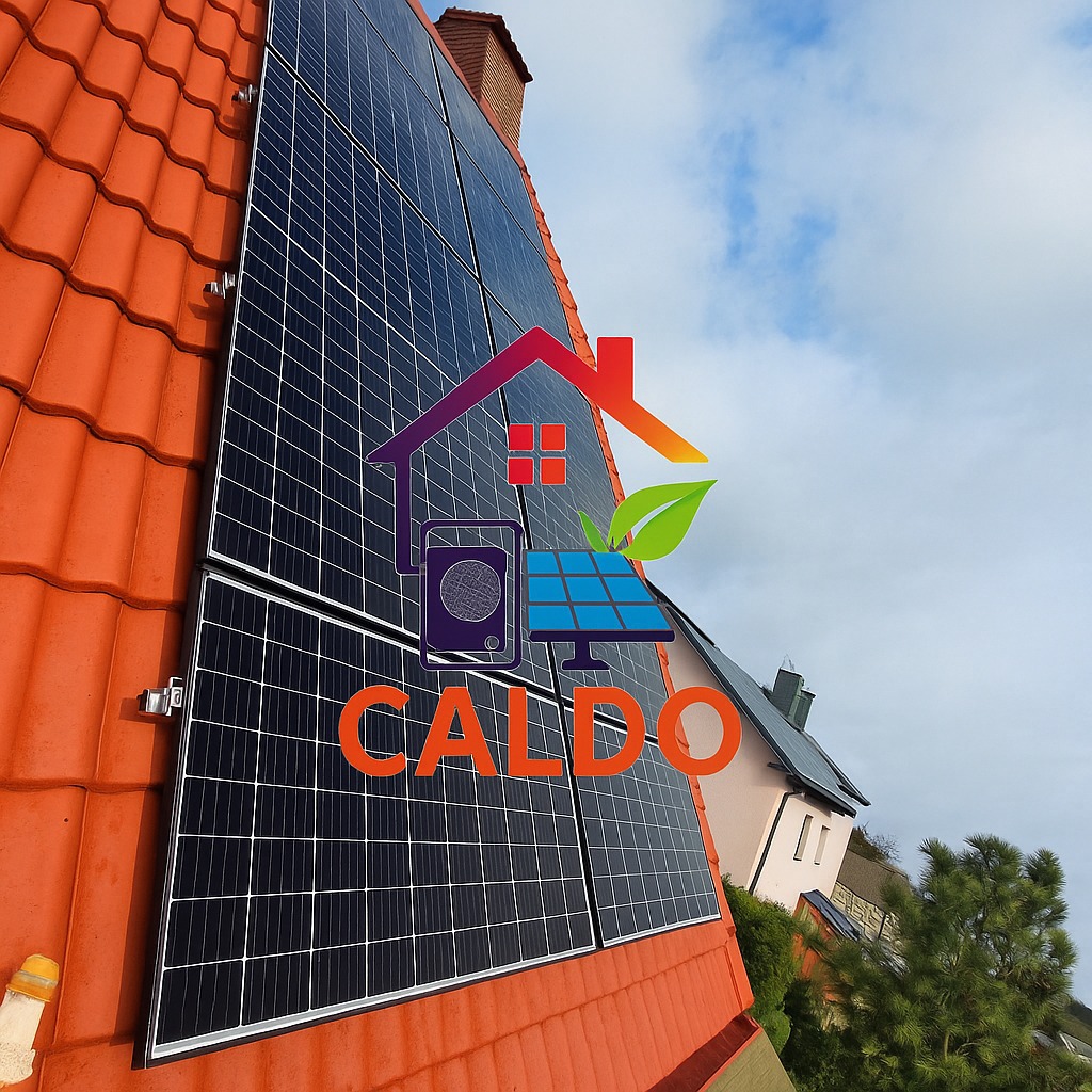 Panele słoneczne na dachu z czerwonej dachówki, widoczne mocowania. W tle niebo z chmurami i fragment budynku. Nałożone logo firmy.