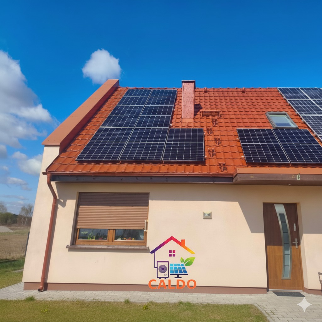 Dom jednorodzinny z panelami słonecznymi na czerwonym dachu i oknem z roletą. Błękitne niebo w tle. Logo firmy na elewacji.