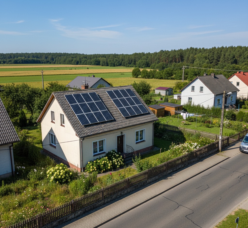 Dom jednorodzinny z panelami słonecznymi na dachu, widok z góry. W tle pola uprawne i las, otoczenie zadbane, zieleń i kwiaty. Ujęcie w słoneczny dzień.