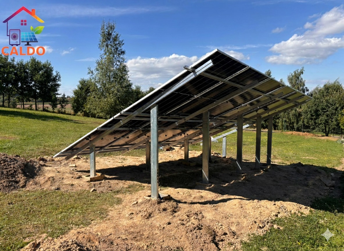 Instalacja fotowoltaiczna na gruncie w trakcie montażu, widoczne metalowe podpory i panele. Trawa i drzewa w tle, błękitne niebo z chmurami.