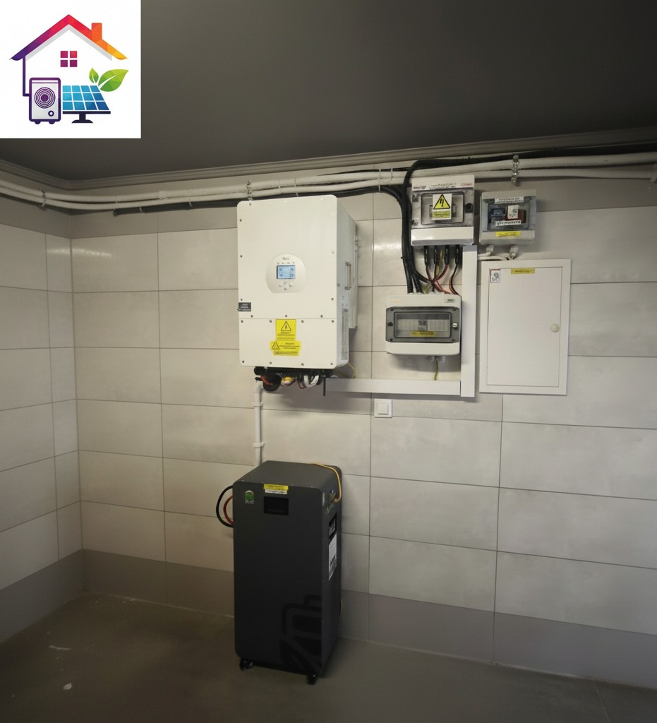 Kompletna instalacja: inwerter solarny na ścianie nad podłogowym akumulatorem energii. Widoczne zabezpieczenia elektryczne i okablowanie w pomieszczeniu.