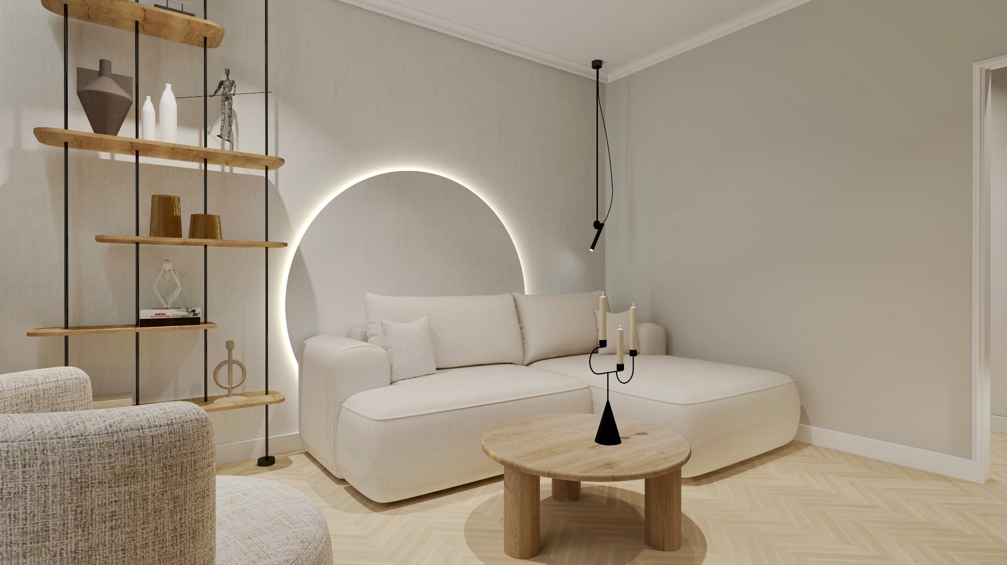 Jasne wnętrze salonu z beżową sofą narożną, okrągłym podświetleniem na ścianie i drewnianymi półkami z dekoracjami. Minimalistyczny design z parkietem w jodełkę.