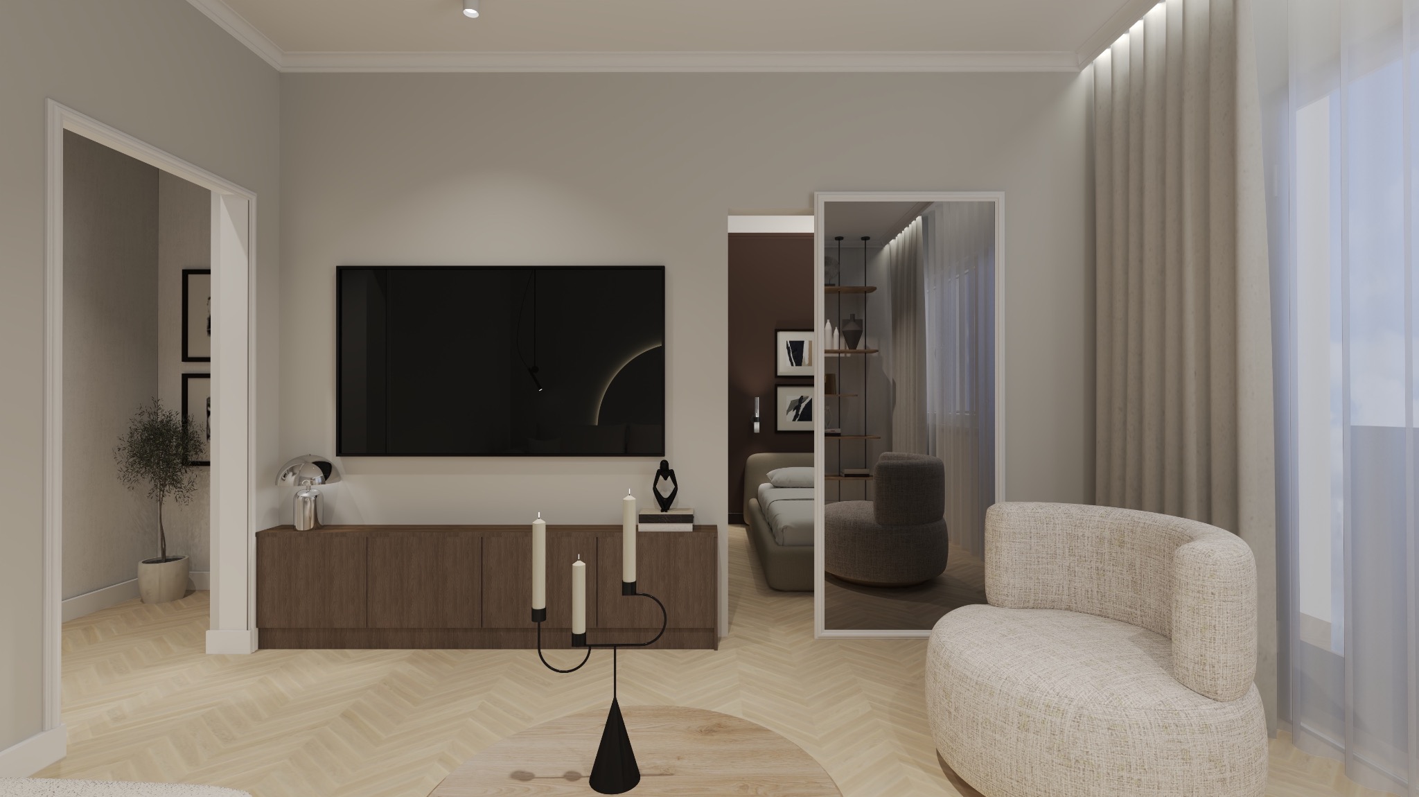 Nowoczesny salon z parkietem w jodełkę, beżową sofą i telewizorem na tle. Widok na sypialnię przez przeszklone drzwi. Minimalistyczny wystrój i ciepła kolorystyka.