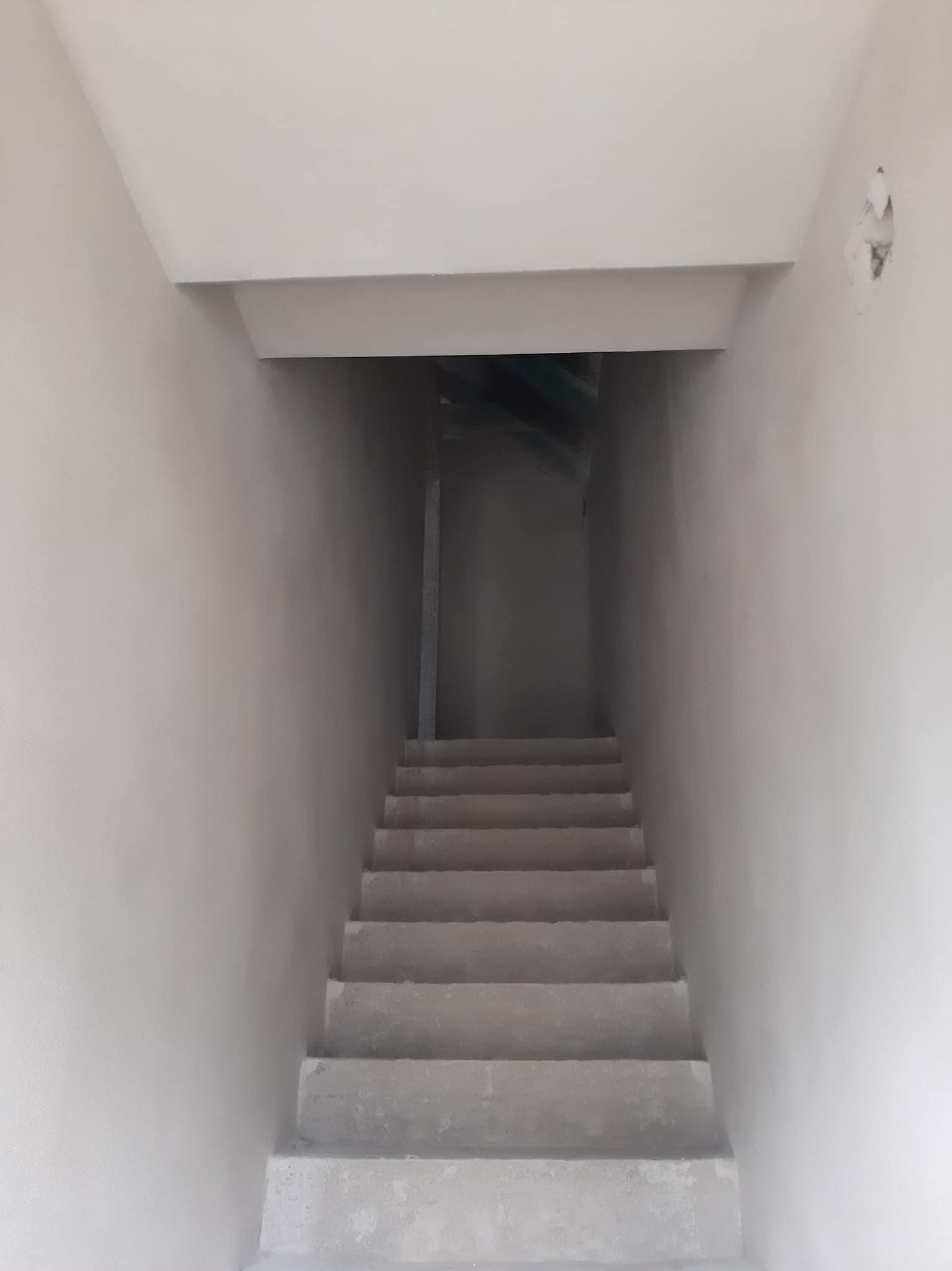 Wnętrze po tynkowaniu: Schody prowadzą w dół, ściany pokryte świeżym, jasnym tynkiem. Widoczne niedoskonałości przy suficie i schodach. Surowy stan wykończenia.