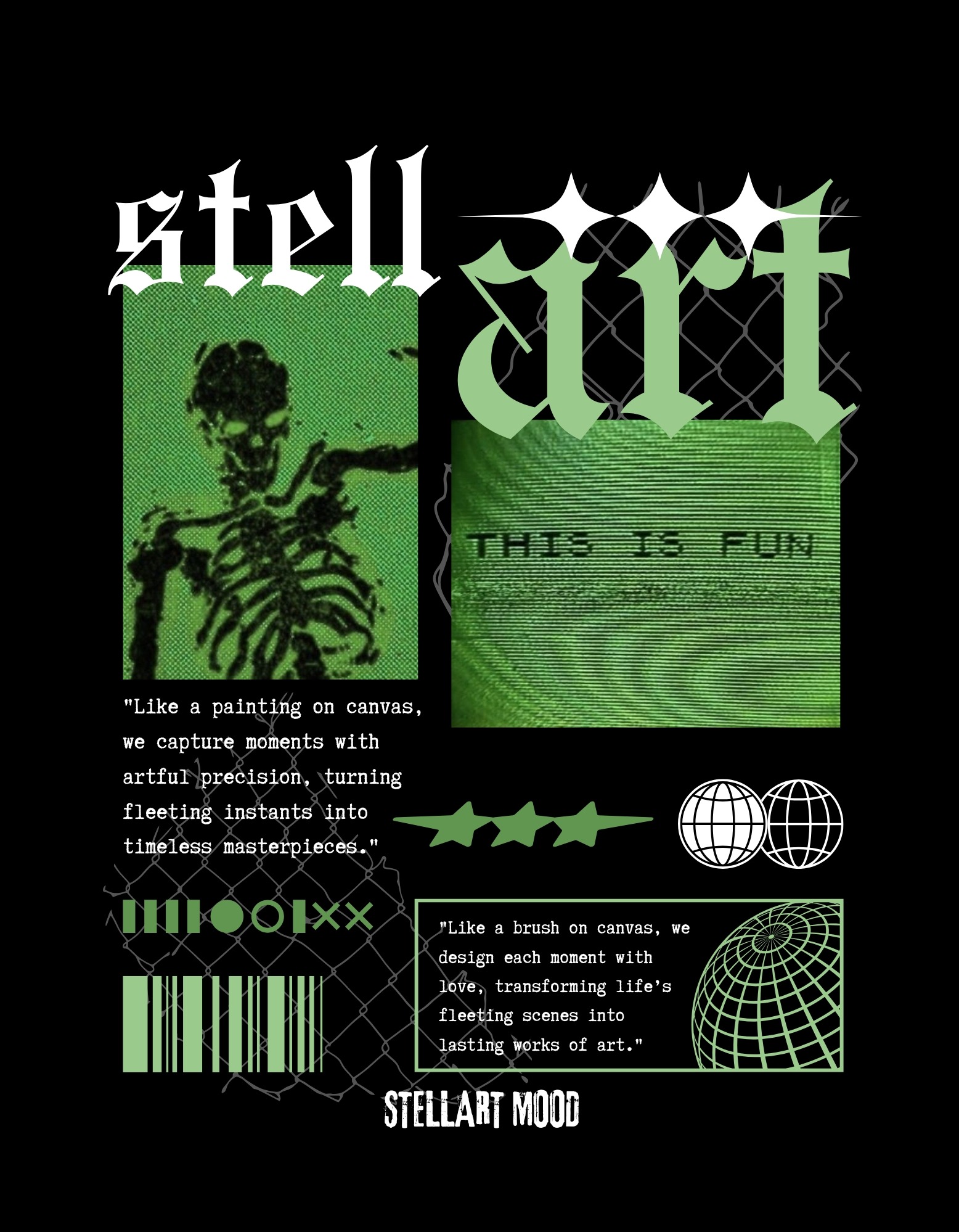 Abstrakcyjna grafika z motywem szkieletu, napisami i geometrycznymi elementami w odcieniach zieleni i bieli na czarnym tle. Stylizowane logo 'STELLART MOOD'.