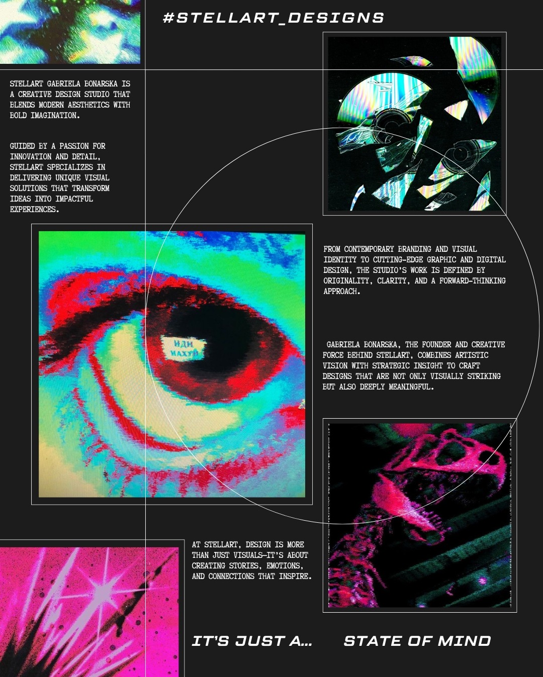 Abstrakcyjna kompozycja graficzna z elementami futurystycznymi, neonowymi kolorami i tekstem, prezentująca portfolio kreatywnego studia projektowego #STELLART_designs.