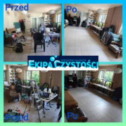 Montaż 'Przed i Po' prezentujący efekt sprzątania pokoju: zagracone wnętrze z drabiną i odkurzaczem kontra czysty, uporządkowany pokój z ustawionymi krzesłami i stołami.