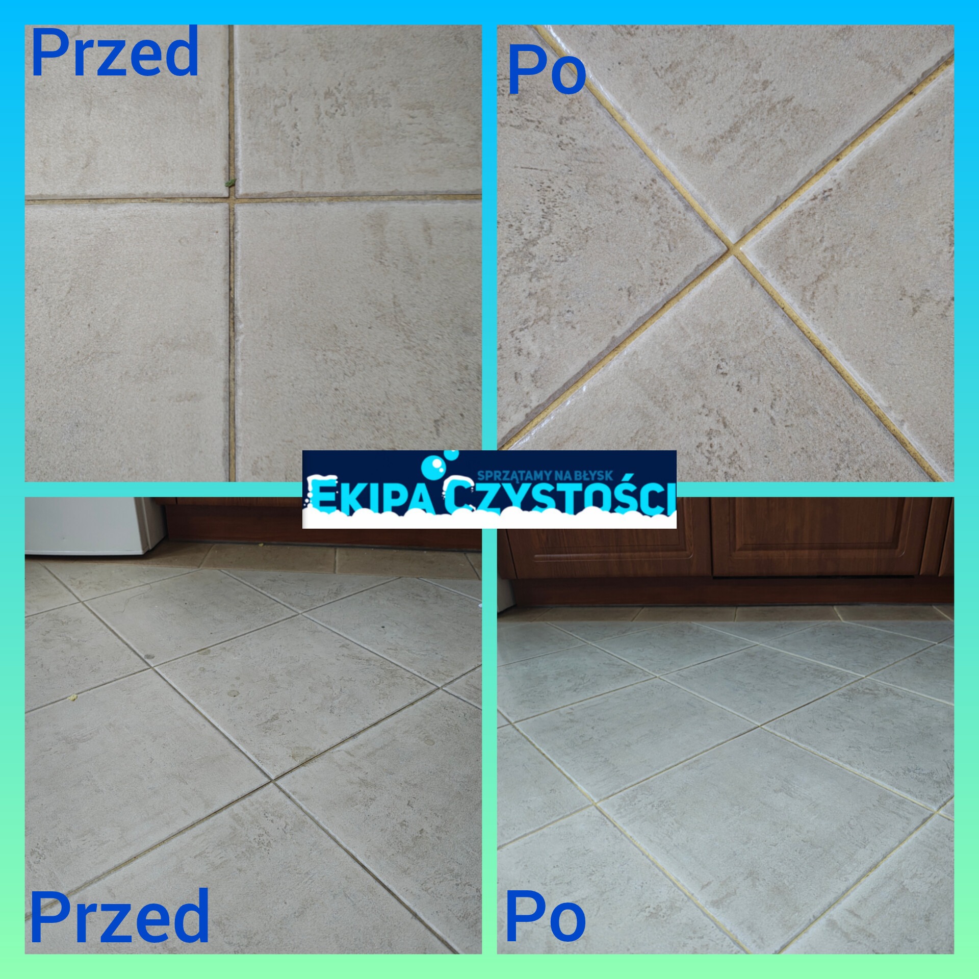 Płytki podłogowe: porównanie stanu przed i po czyszczeniu fug. Widoczne różnice w kolorze i czystości spoin.