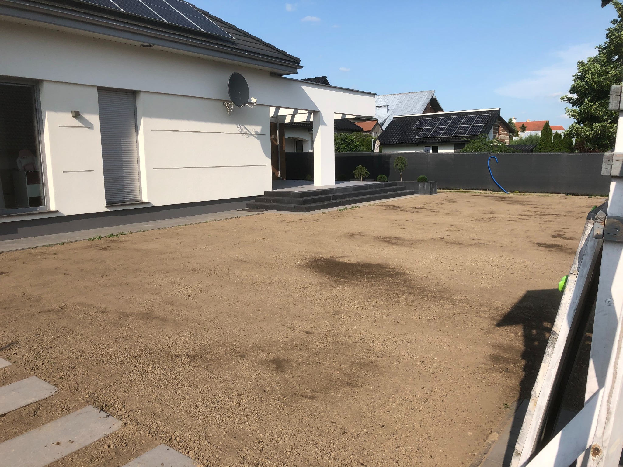 Przygotowany teren pod trawnik z widocznymi płytami chodnikowymi i młodymi drzewkami ozdobnymi w ogrodzie przy nowoczesnym domu jednorodzinnym.