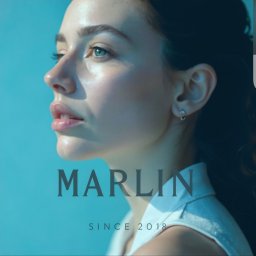 Grafico - Portret kobiety z profilem na tle błękitu, z nałożonym tekstem 'MARLIN SINCE 2018'. Delikatne oświetlenie, naturalny makijaż, subtelne kolczyki.