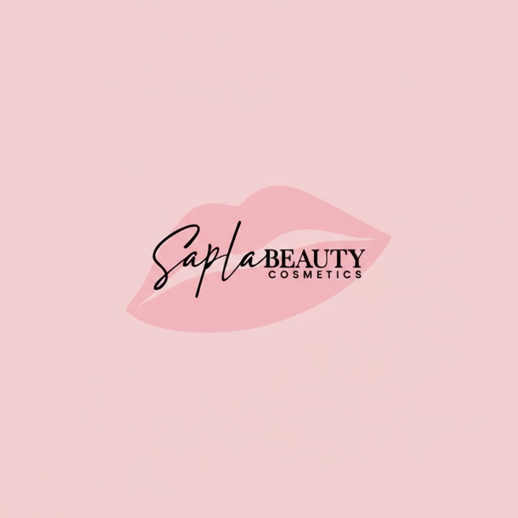 Minimalistyczne logo 'Sapla Beauty Cosmetics' w kształcie ust, z eleganckim fontem na pudrowo różowym tle. Subtelny branding dla branży kosmetycznej.