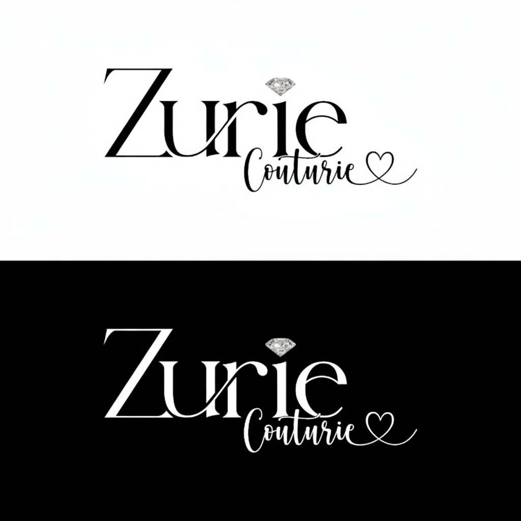 Elegancki logotyp 'Zurie Couturie' z diamentem i sercem, prezentowany w wersji białej na czarnym tle i czarnej na białym tle. Minimalistyczny design, nowoczesna typografia.