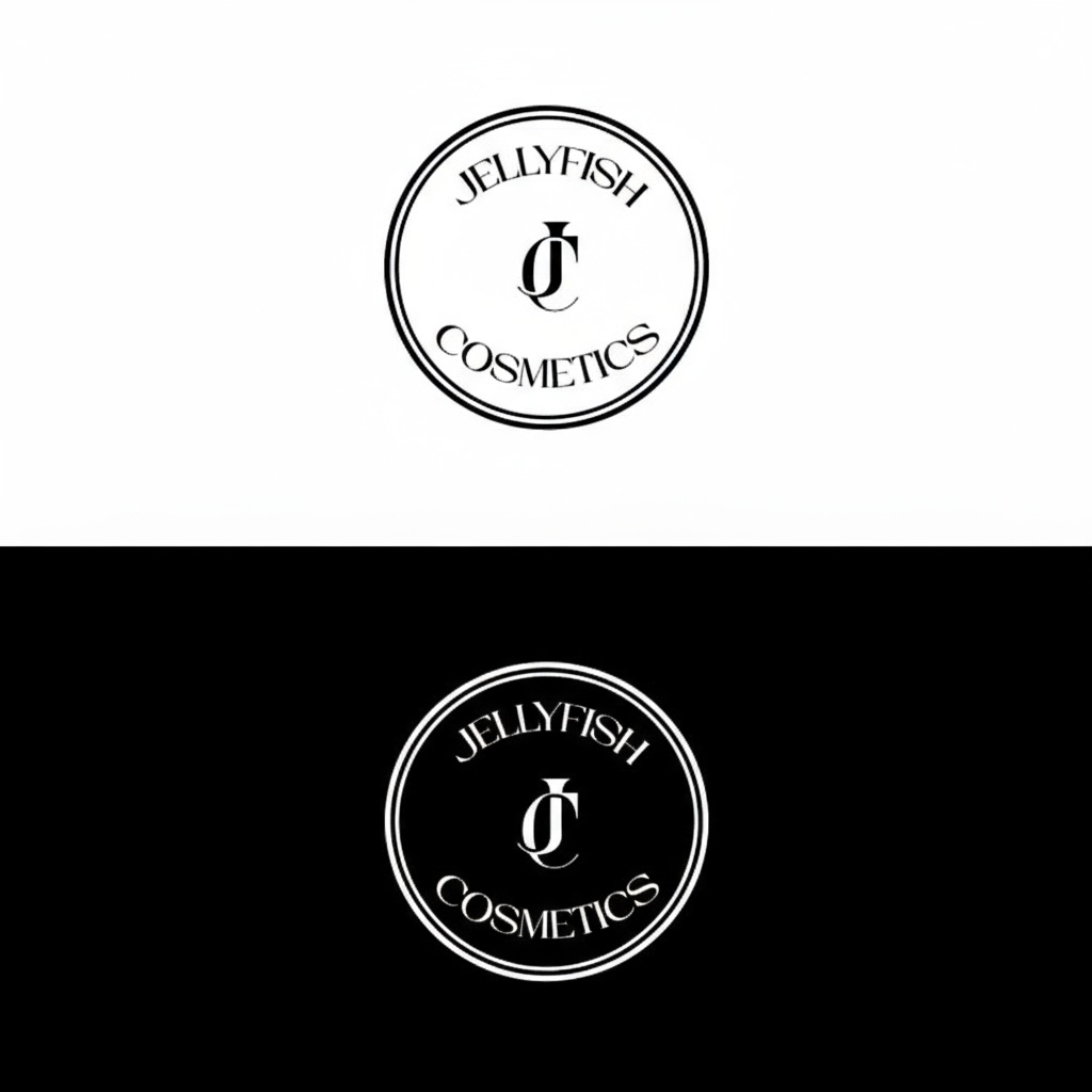 Porównanie dwóch wariantów logo kosmetycznego „Jellyfish Cosmetics” na białym i czarnym tle. Okrągły znak z nazwą i monogramem wewnątrz podwójnego okręgu.