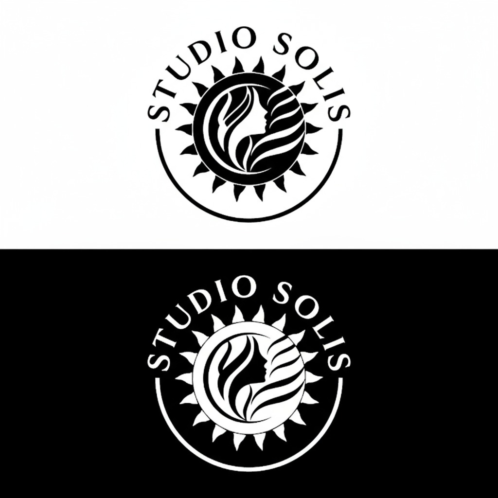 Dwa identyczne, okrągłe logotypy 'Studio Solis' w czerni i bieli. Górny na białym tle, dolny na czarnym. W centrum profil kobiety w słońcu, otoczony napisem.
