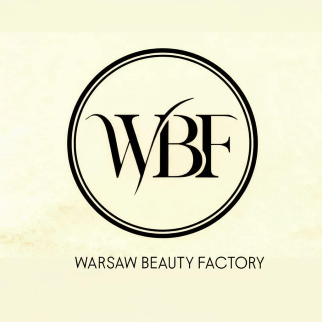 Eleganckie logo 'WBF' w okręgu, z subtelnym akcentem graficznym w literze 'W'. Poniżej napis 'WARSAW BEAUTY FACTORY' w prostej czcionce, na kremowym tle.