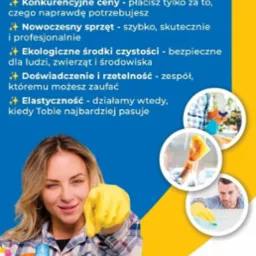 Reklama firmy sprzątającej Pro Clean Service. Kobieta z środkami czystości na tle żółto-niebieskiego baneru informującego o zaletach firmy i danych kontaktowych.