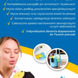Reklama Pro Clean Service: kobieta w rękawicach z płynem, oferta sprzątania biur, mycia okien i elewacji, opieki nad terenami zielonymi i odśnieżania. Kontakt.