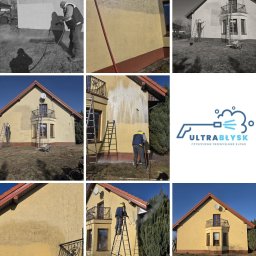 Michał Wiśniewski - Czyszczenie elewacji domu z drabiny za pomocą myjki ciśnieniowej. Widoczne efekty czyszczenia, fragmenty ściany przed i po zabiegu. Na kolażu logo firmy.