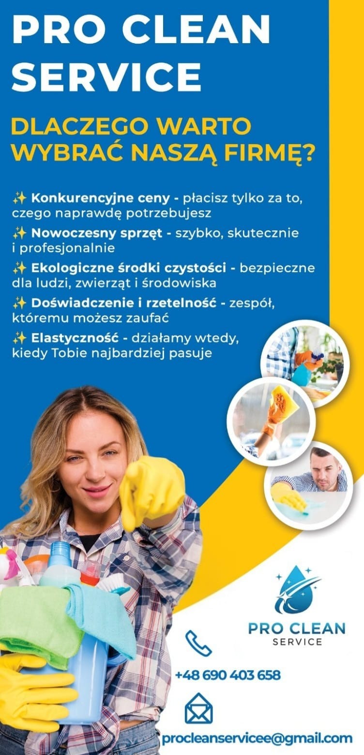 Reklama firmy sprzątającej Pro Clean Service. Kobieta z środkami czystości na tle żółto-niebieskiego baneru informującego o zaletach firmy i danych kontaktowych.