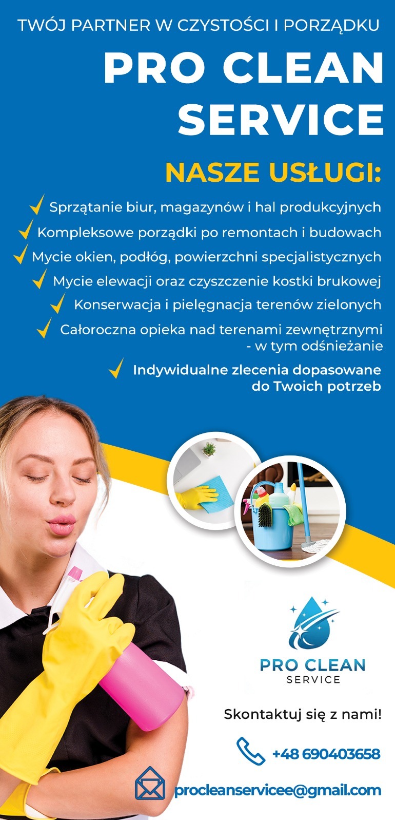 Reklama Pro Clean Service: kobieta w rękawicach z płynem, oferta sprzątania biur, mycia okien i elewacji, opieki nad terenami zielonymi i odśnieżania. Kontakt.