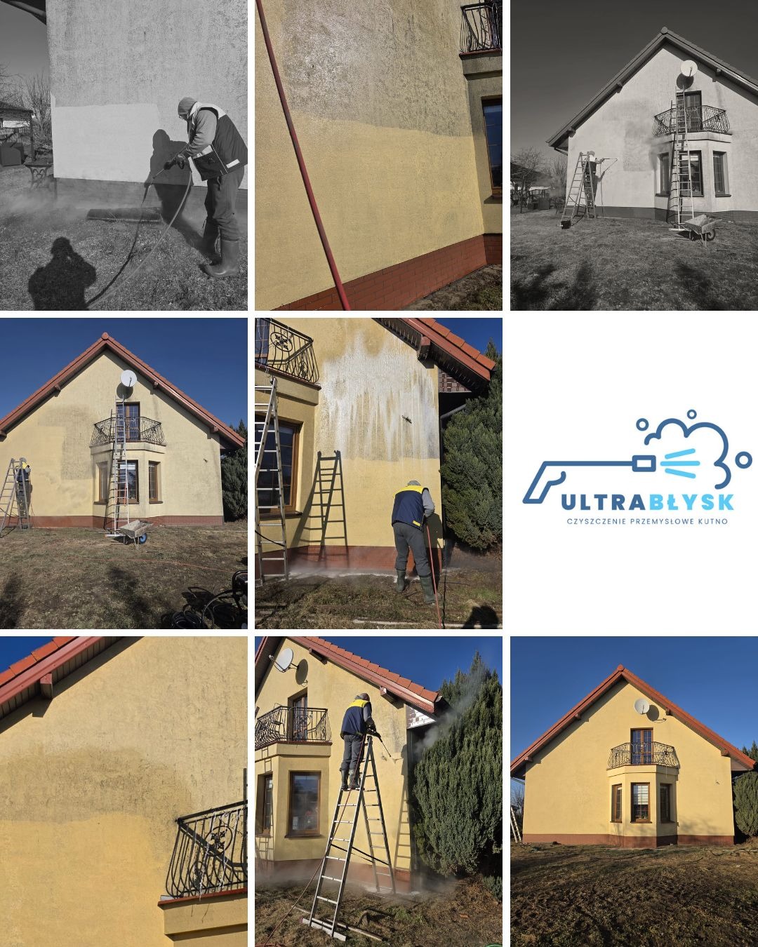 Czyszczenie elewacji domu z drabiny za pomocą myjki ciśnieniowej. Widoczne efekty czyszczenia, fragmenty ściany przed i po zabiegu. Na kolażu logo firmy.