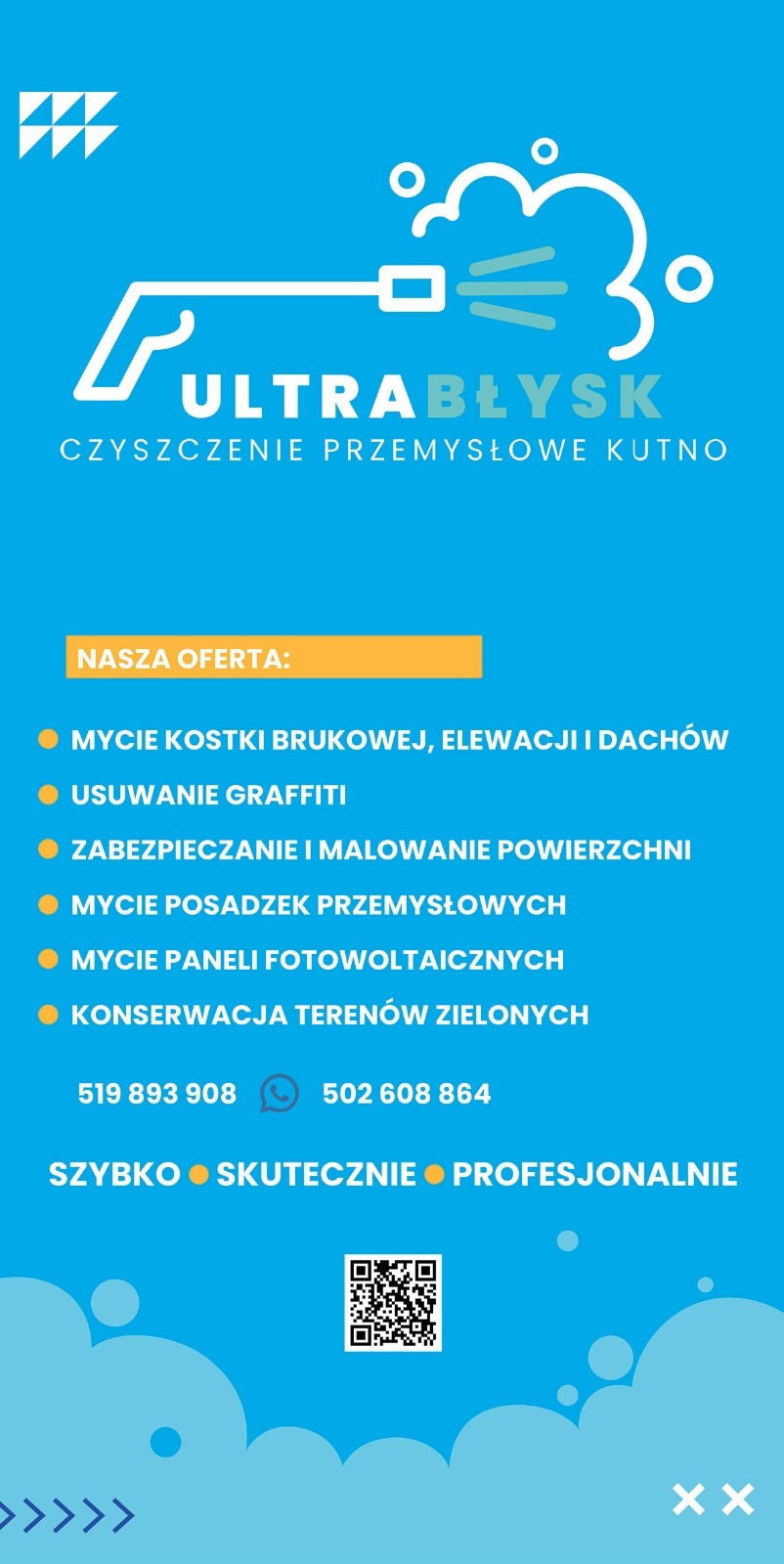 Grafika reklamowa firmy Ultrabłysk z Kutna, oferującej czyszczenie przemysłowe: kostki, elewacji, dachów, posadzek, paneli fotowoltaicznych, usuwanie graffiti i konserwację zieleni.